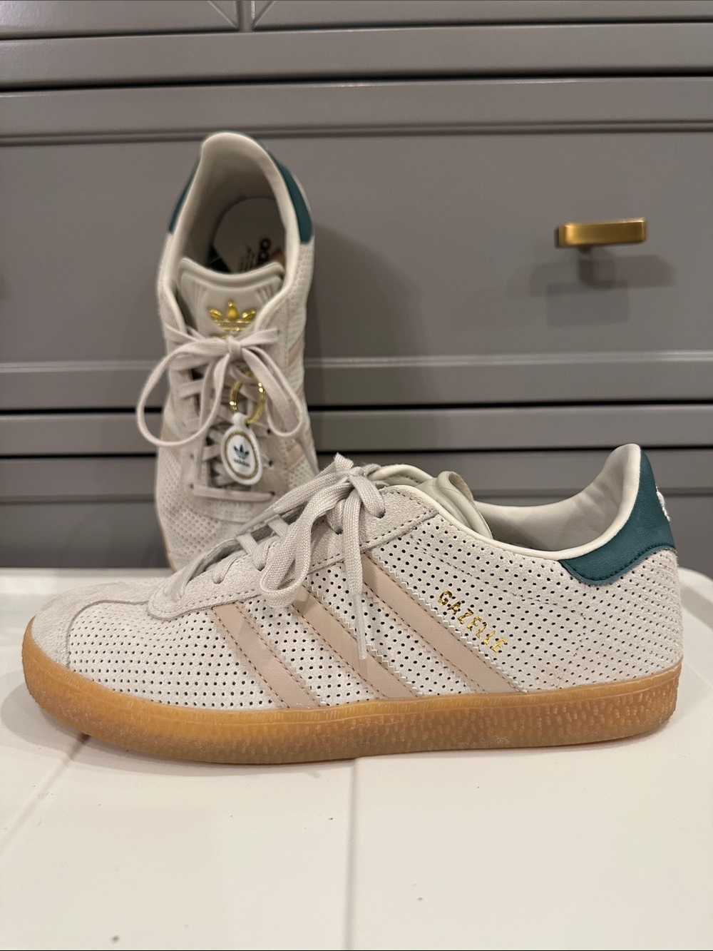 adidas Kids Gazelle Sneakers in Off-White with Gum Sole and Teal Heel